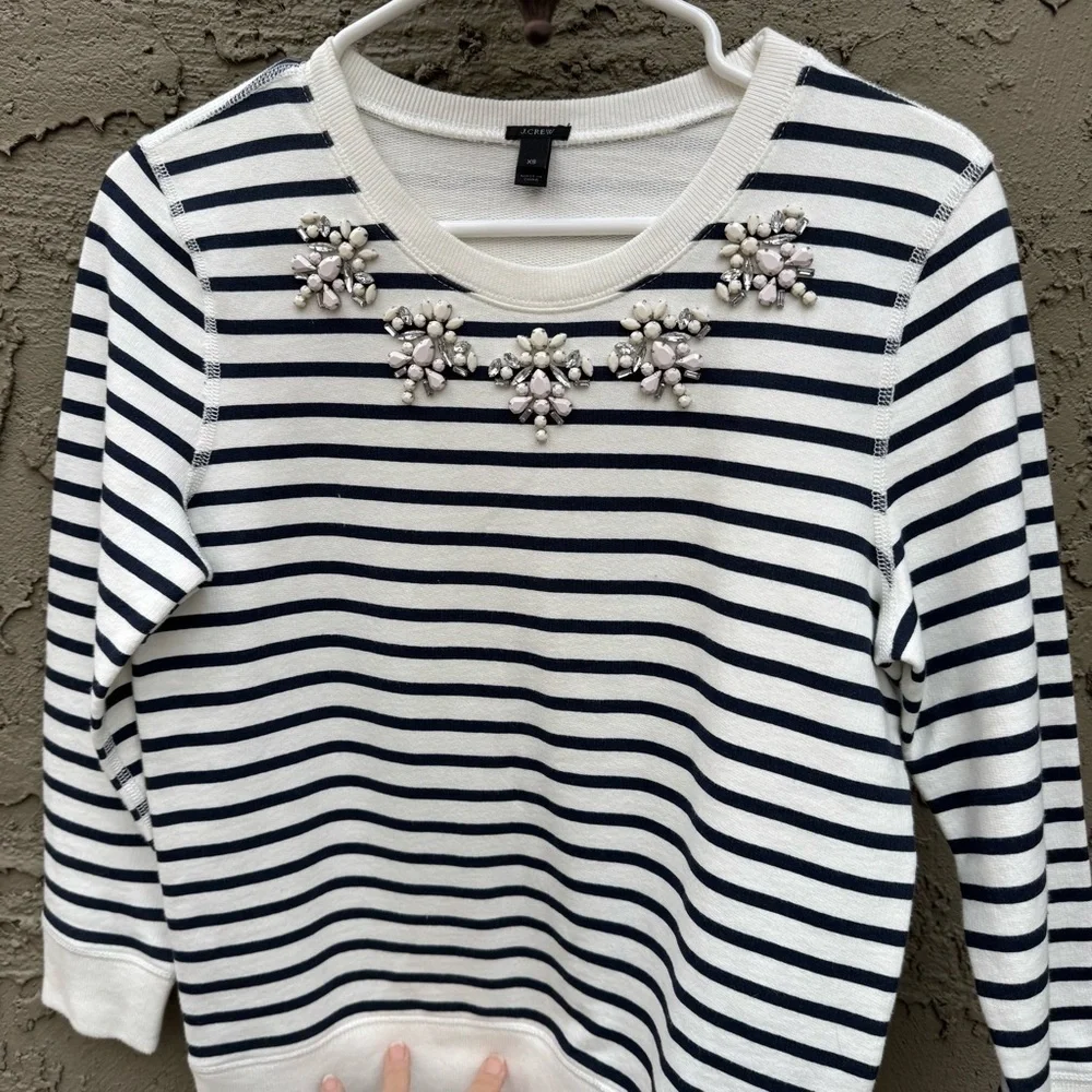 J Crew Jewel Embellished Striped Navy and White Top